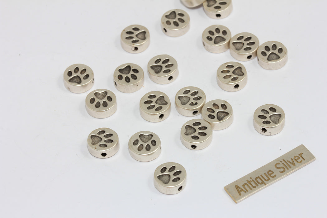 9,5mm Antique Silver Cat Disc, Paw Coins, Paw Bracelet Sliding Beads, MGN191