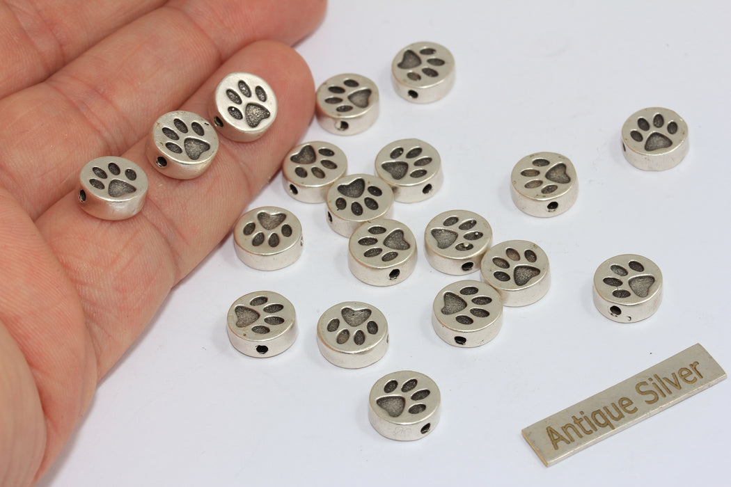 9,5mm Antique Silver Cat Disc, Paw Coins, Paw Bracelet Sliding Beads, MGN191