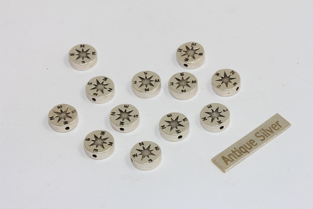 10mm Antique Silver Compass Beads, North Star Bracelet Coins Charms, AG131