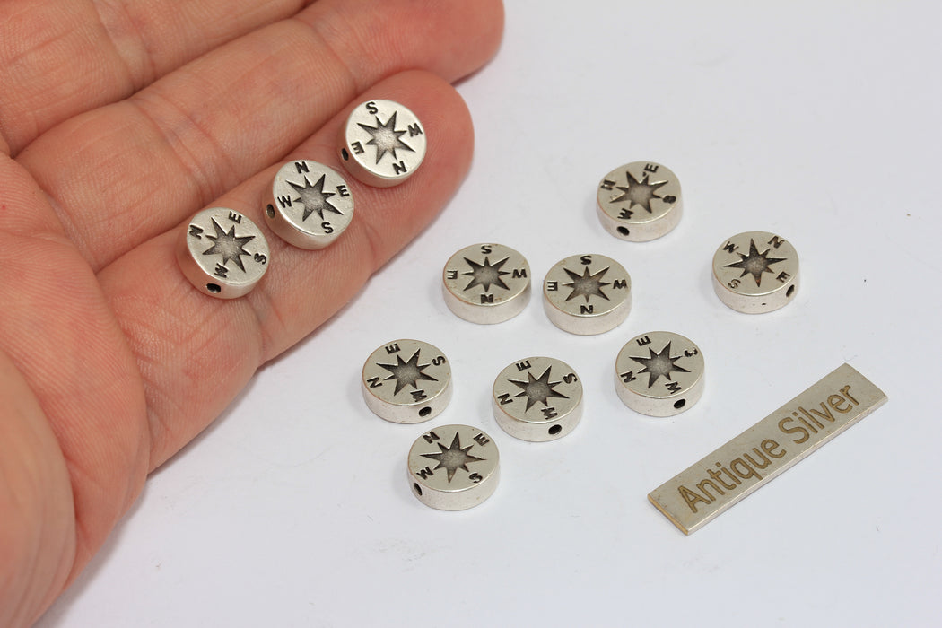10mm Antique Silver Compass Beads, North Star Bracelet Coins Charms, AG131