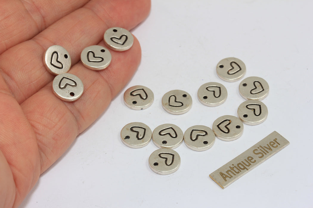 10mm Antique Silver Plated Heart Charms, Heart Coin Beads, Engraved Heart Coins, MGN195