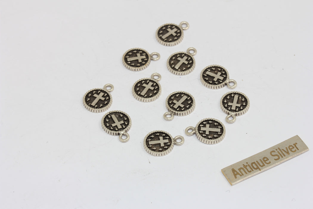 10mm Antique Silver Plated Cross Coins, Christian Pendant, MGN181