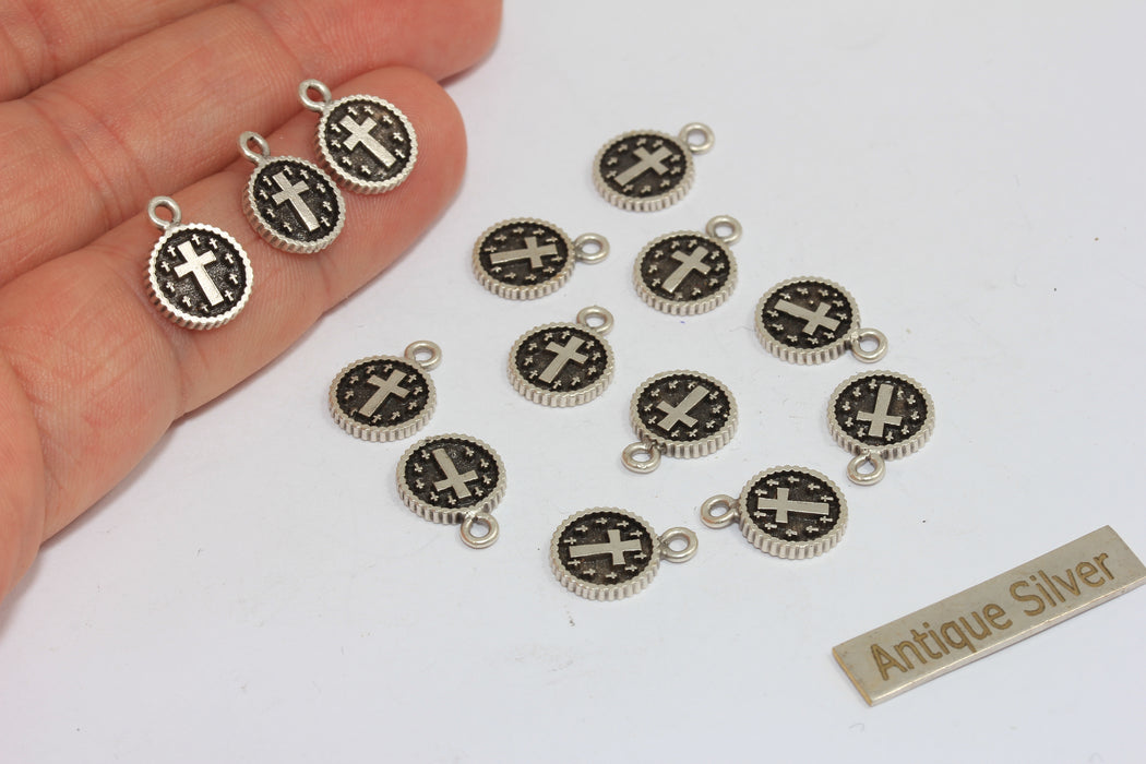 10mm Antique Silver Plated Cross Coins, Christian Pendant, MGN181