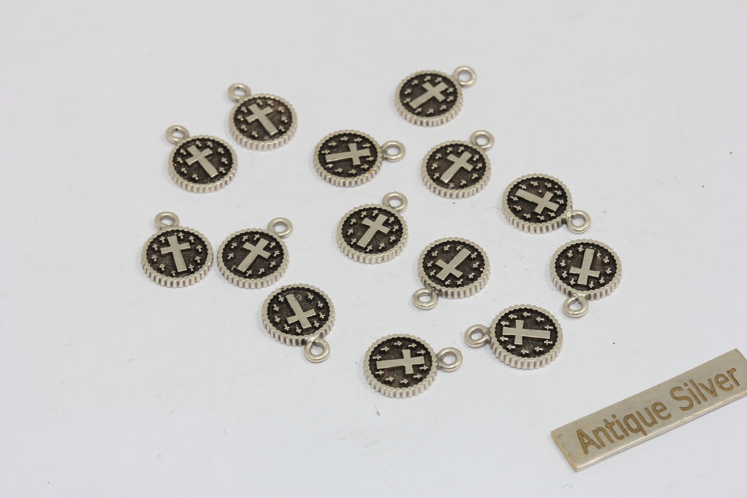 10mm Antique Silver Plated Cross Coins, Christian Pendant, MGN181
