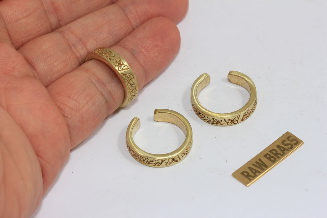 Raw Brass Butterfly Ring, Flower Linear Band Rings, AG129