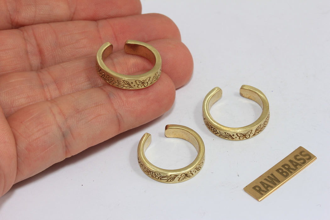 Raw Brass Butterfly Ring, Flower Linear Band Rings, AG129