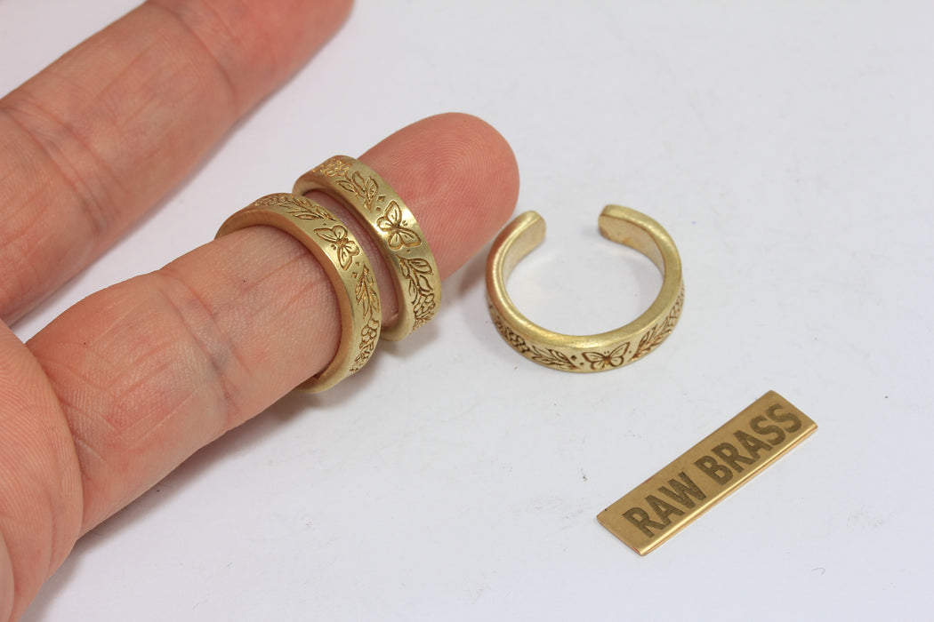 Raw Brass Butterfly Ring, Flower Linear Band Rings, AG129