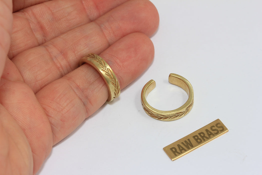 Raw Brass Floral Ring, Leaf Linear Band Rings, AG130