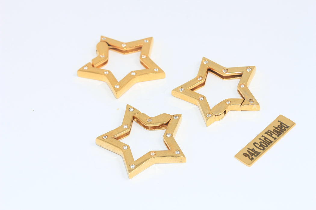 32mm 24k Shiny Gold CZ Star Clasp, Star Earrings, Gold Leverback,  MLS1073-1