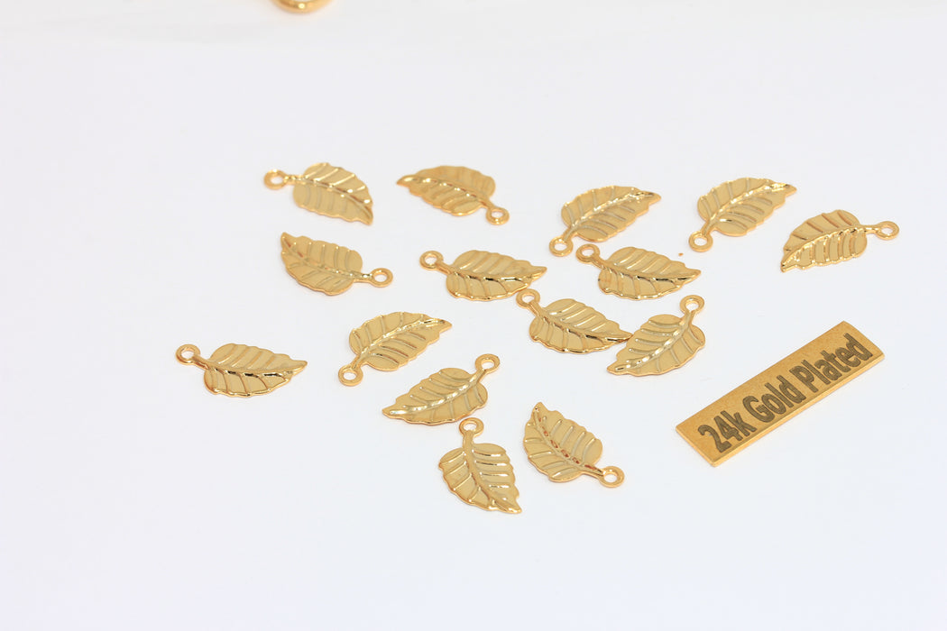 7x10mm 24k Shiny Gold Leaf Charms, Mini Leaf Beads, BRT329