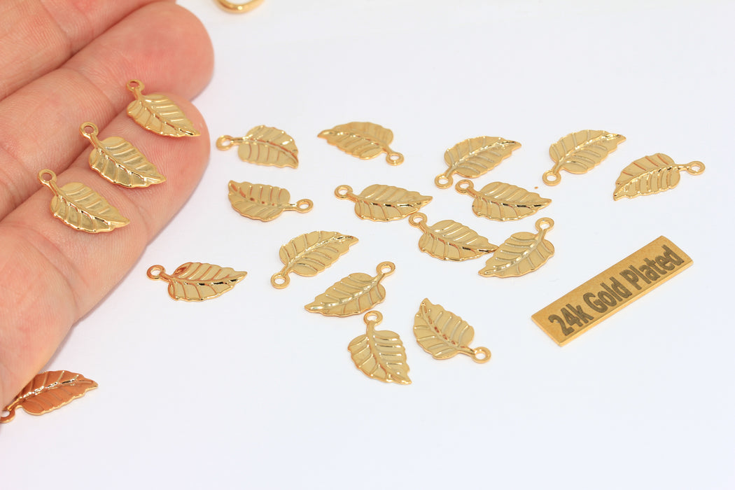 7x10mm 24k Shiny Gold Leaf Charms, Mini Leaf Beads, BRT329