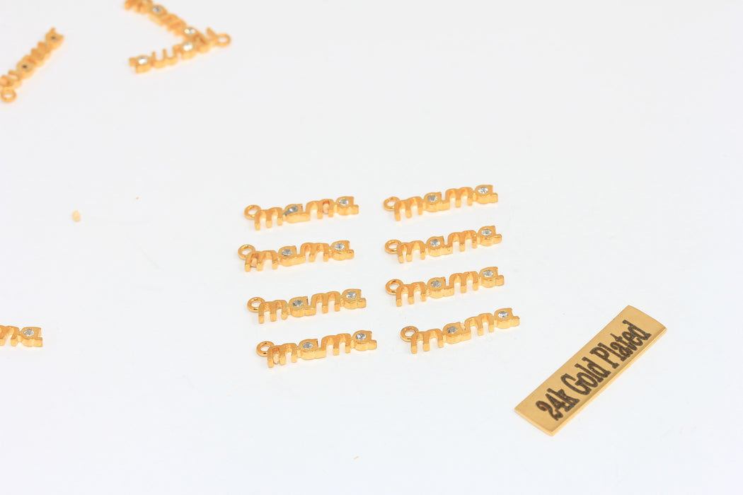 5x17mm 24 ayar Parlak Altın Mama Charms, Micro Pave Mom MLS963