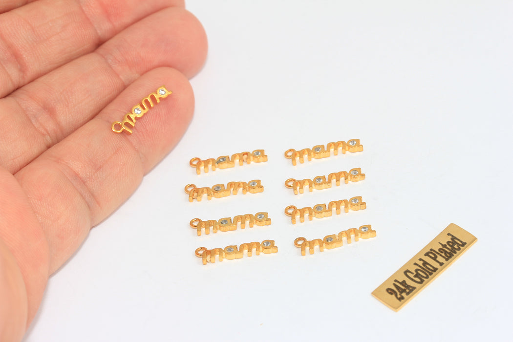 5x17mm 24 ayar Parlak Altın Mama Charms, Micro Pave Mom MLS963