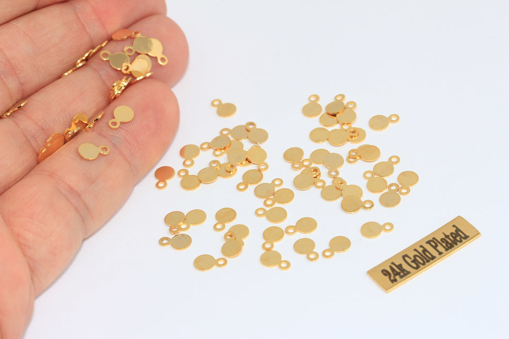 4x7mm 24 Ayar Parlak Altın Madeni Para Takıları, Damgalama Diski, Yuvarlak MLS440