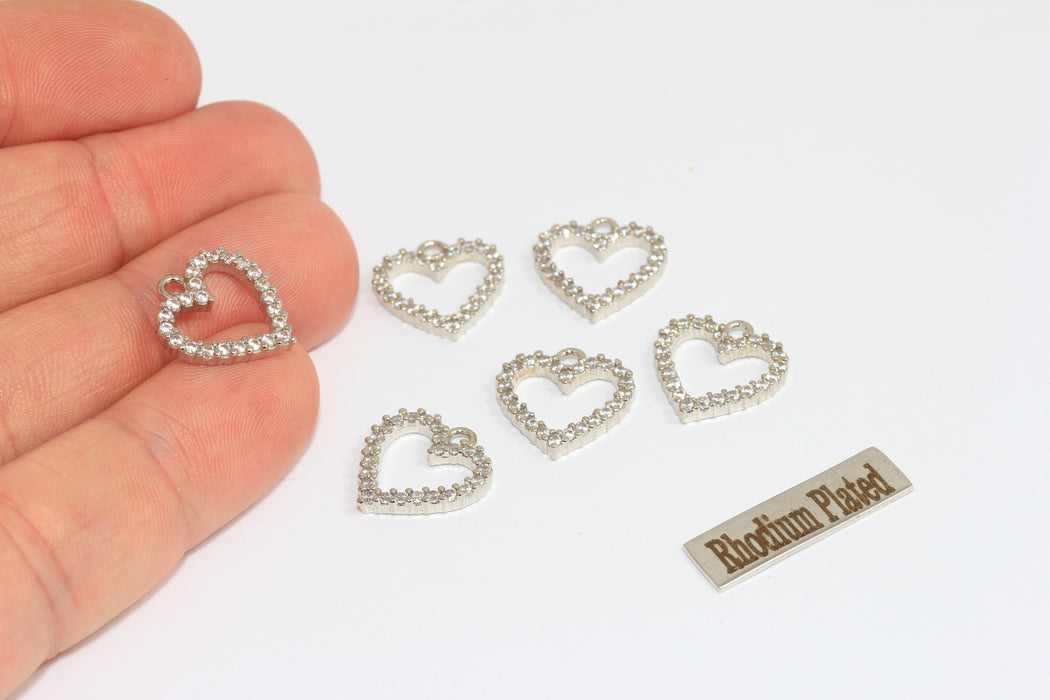 14x15 mm Rodyum Kaplama Kalp, Mikro Taşlı Kalp Takıları, Kalp Takıları, Zirkon Taşlı Kalp Takıları, Kübik Zirkonya Kolye, SLM803
