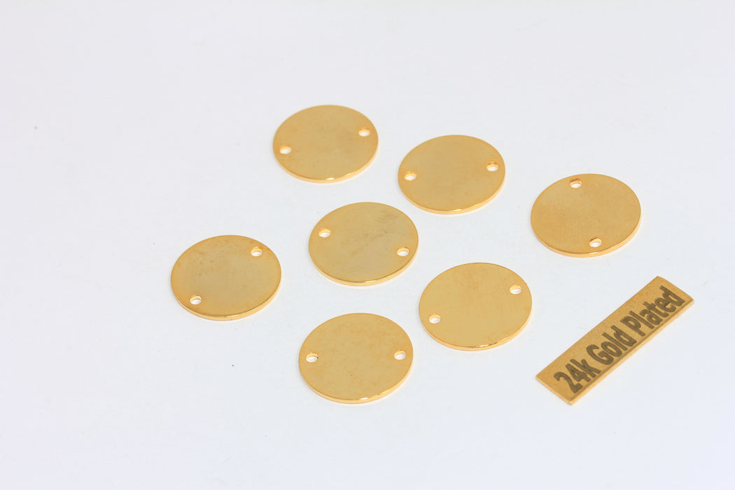 16mm 24k Shiny Gold Round Charms, Two Hole Round Disc, BRT428