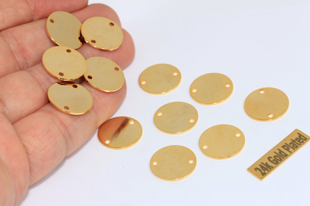 16mm 24k Shiny Gold Round Charms, Two Hole Round Disc, BRT428