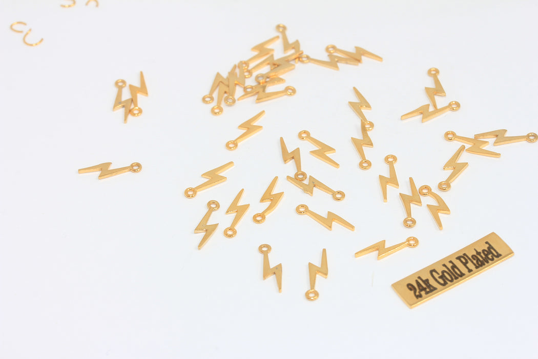 Ciondoli in oro lucido 24k 4x14 mm, piccoli ciondoli a forma di fulmine, MLS648