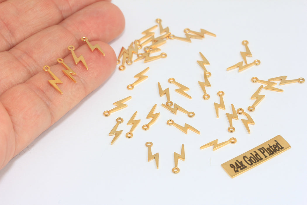 Ciondoli in oro lucido 24k 4x14 mm, piccoli ciondoli a forma di fulmine, MLS648