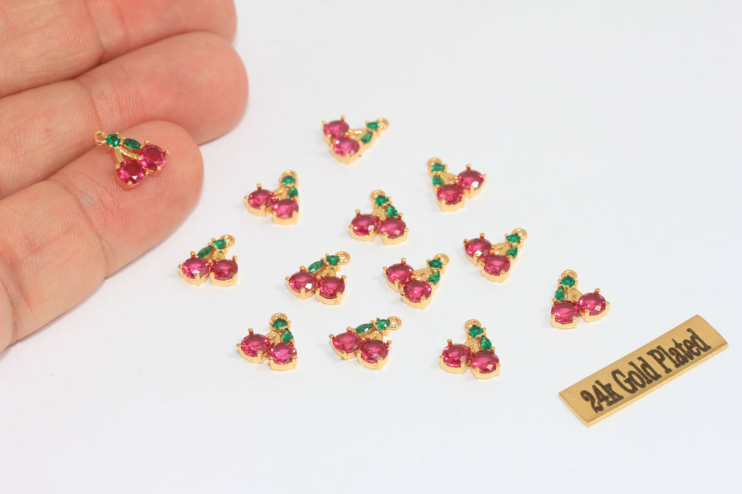 Perline di ciliegia in oro lucido 24k da 8,5x10 mm, ciondoli a forma di ciliegia con zirconi cubici, MLS1090