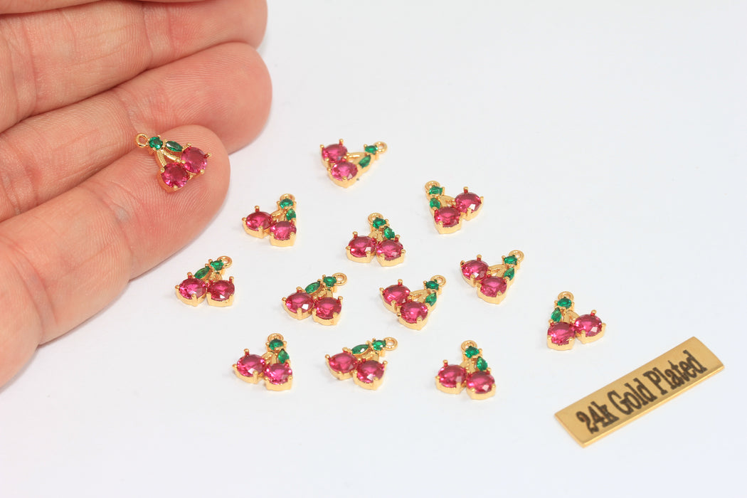 Perline di ciliegia in oro lucido 24k da 8,5x10 mm, ciondoli a forma di ciliegia con zirconi cubici, MLS1090