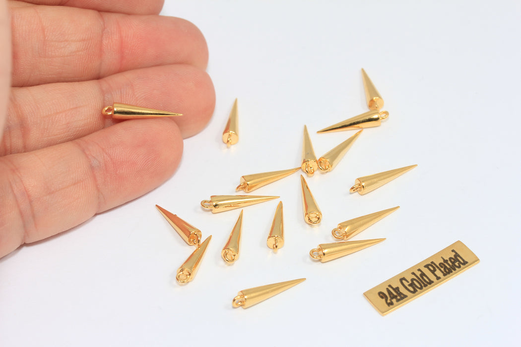 Ciondoli a forma di punta in oro lucido 24k, 4x17 mm, piccoli ciondoli a forma di cono, MLS613