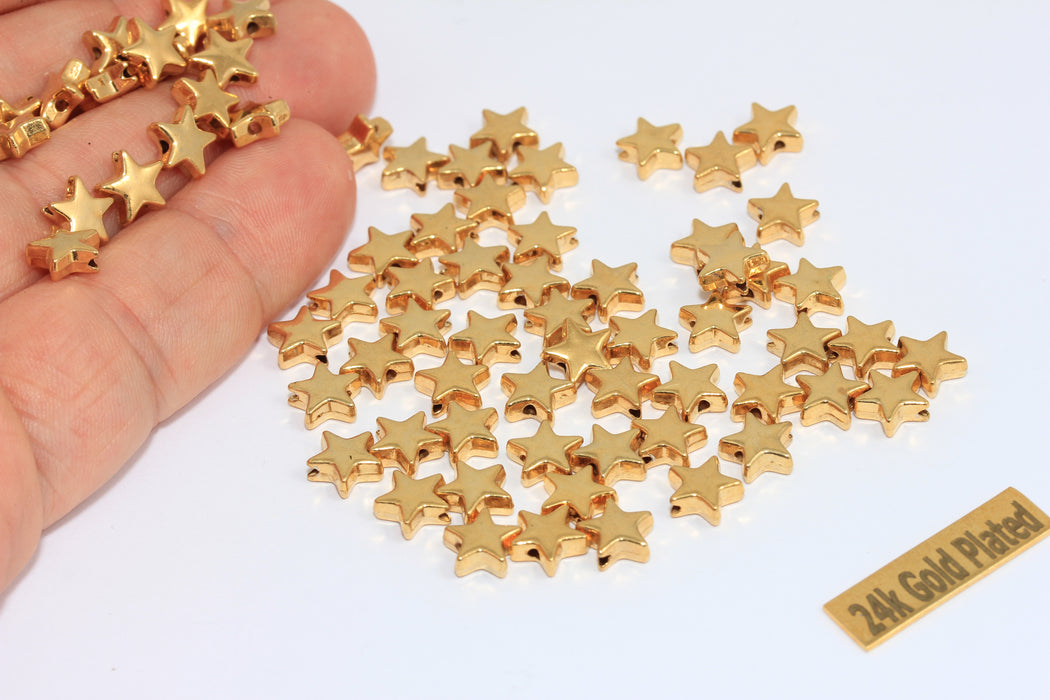 8mm 24k Shiny Gold Plated Star Beads, Center Hole Star, BRT321