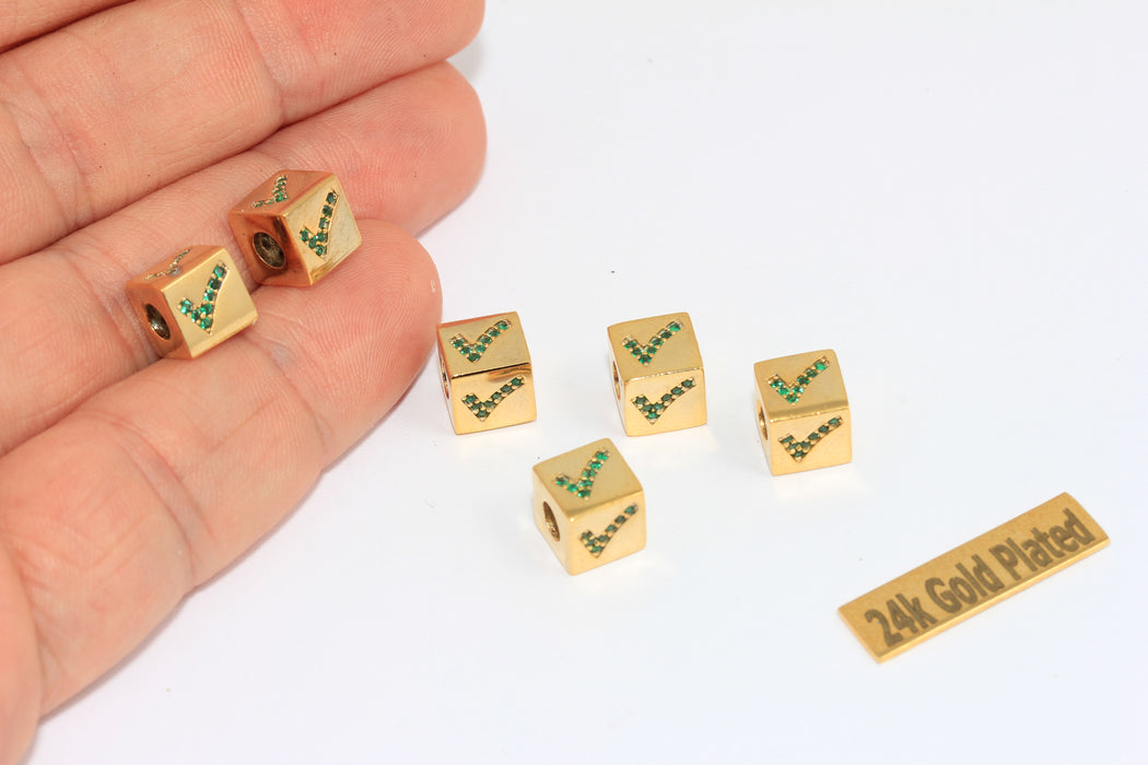8x8mm 24k Shiny Gold CZ Okay Beads, Cube Okay Symbol Charms, Green Zircon Beads,  BRT318