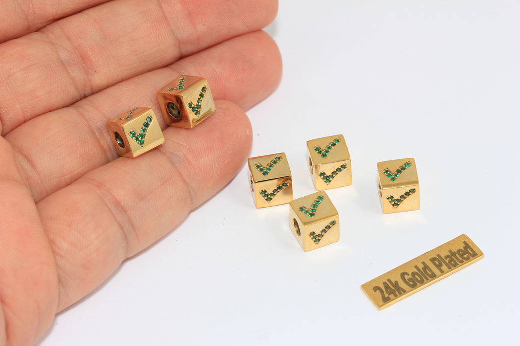 8x8mm 24k Shiny Gold CZ Okay Beads, Cube Okay Symbol Charms, Green Zircon Beads,  BRT318