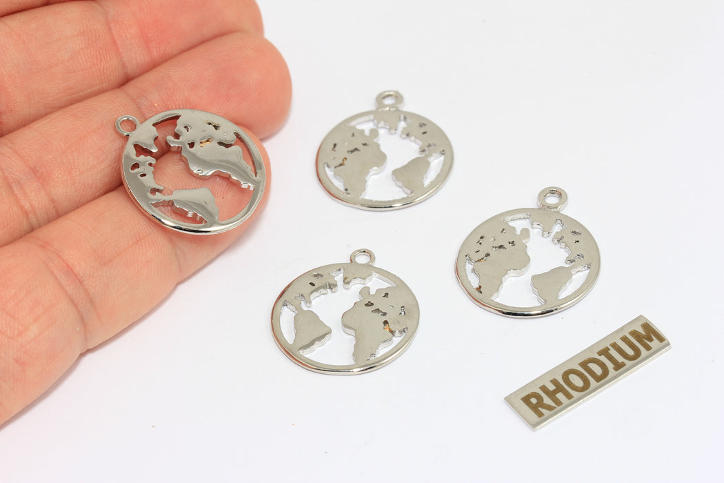 Ciondolo mappamondo placcato argento da 21 mm, ciondolo globo, BRT314