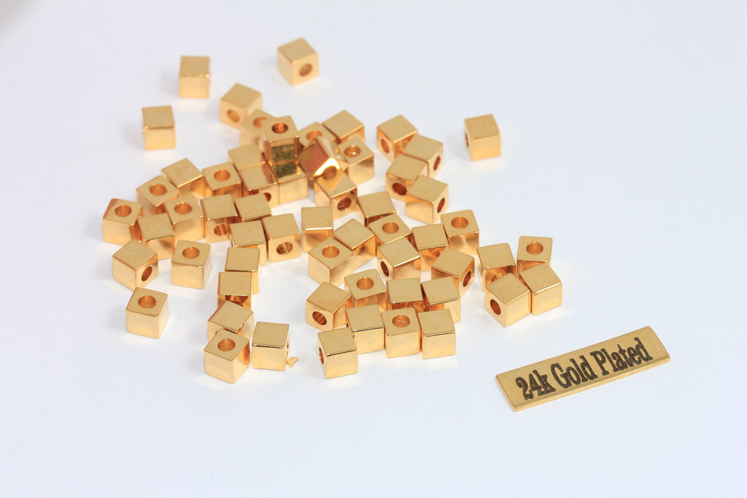 5mm 24k Shiny Gold Cube Spacer Beads, Geometric Bracelet Charms, MTE890