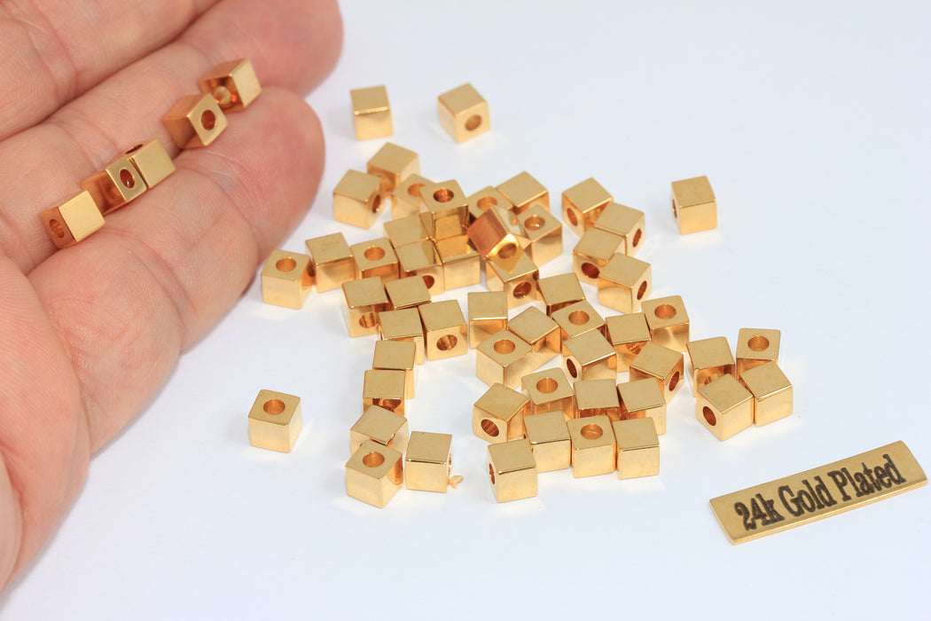 5mm 24k Shiny Gold Cube Spacer Beads, Geometric Bracelet Charms, MTE890