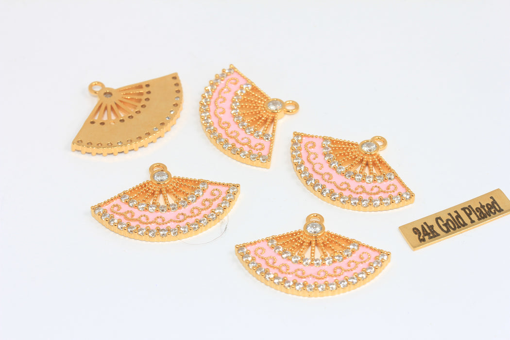 17,5x32 mm 24 ayar Parlak Altın CZ Sektör Takıları, Mikro Döşeme İsteğe Bağlı Taş Renkli Yelpaze Kolye, MTE848