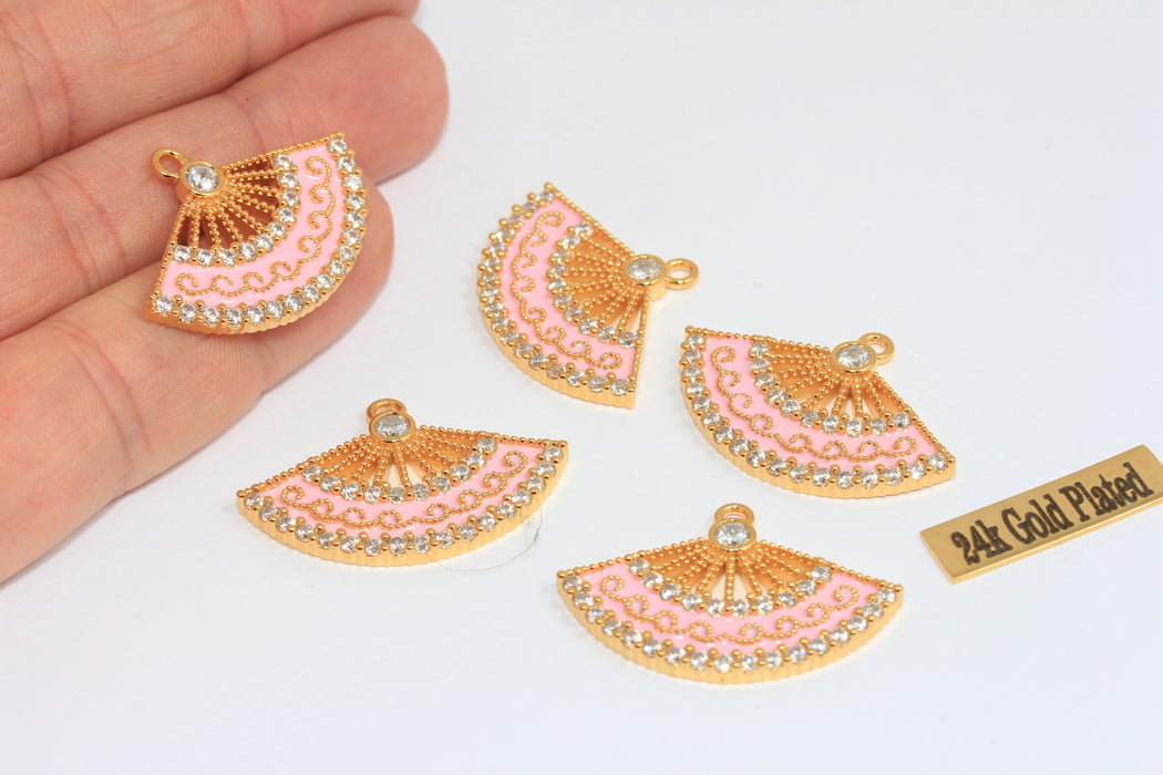 17,5x32 mm 24 ayar Parlak Altın CZ Sektör Takıları, Mikro Döşeme İsteğe Bağlı Taş Renkli Yelpaze Kolye, MTE848