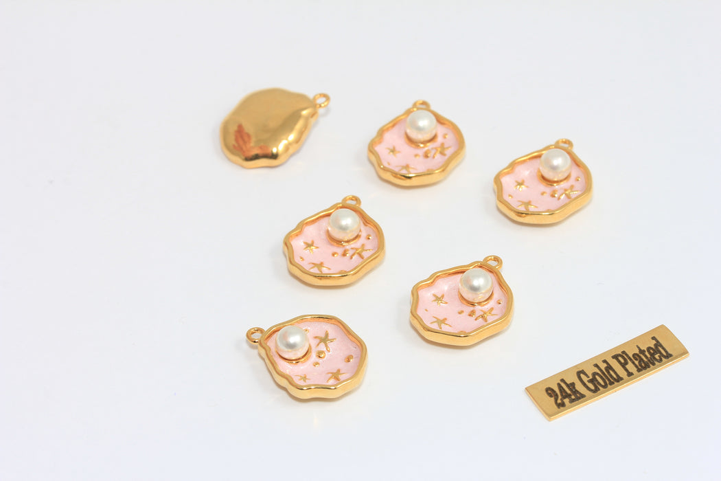 15x17mm 24 Ayar Parlak Altın Deniz Kabuğu Tılsımı, Beyaz Emaye Deniz Kabuğu Tılsımı, Kabuk İçinde İnci Kolye, XP393-2