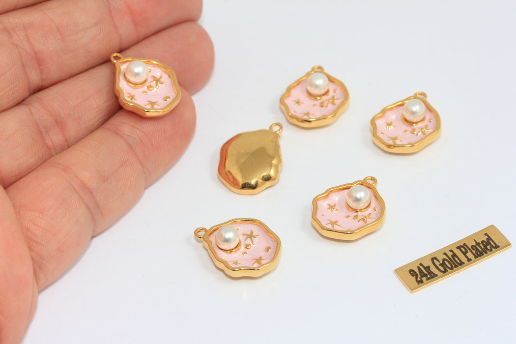 15x17mm 24 Ayar Parlak Altın Deniz Kabuğu Tılsımı, Beyaz Emaye Deniz Kabuğu Tılsımı, Kabuk İçinde İnci Kolye, XP393-2