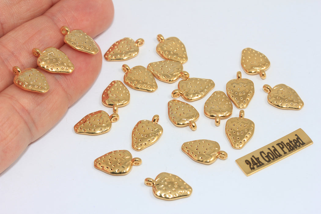 8x15mm 24k Shiny Gold Strawberry Charms, Fruit Charms, MLS73