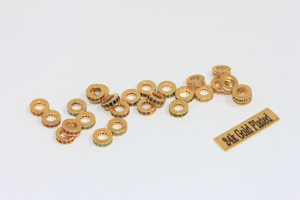 2,5x7mm 24 ayar Parlak Altın Boncuklar, CZ Mikro Döşeme Yuvarlak Tekerlek MLS935