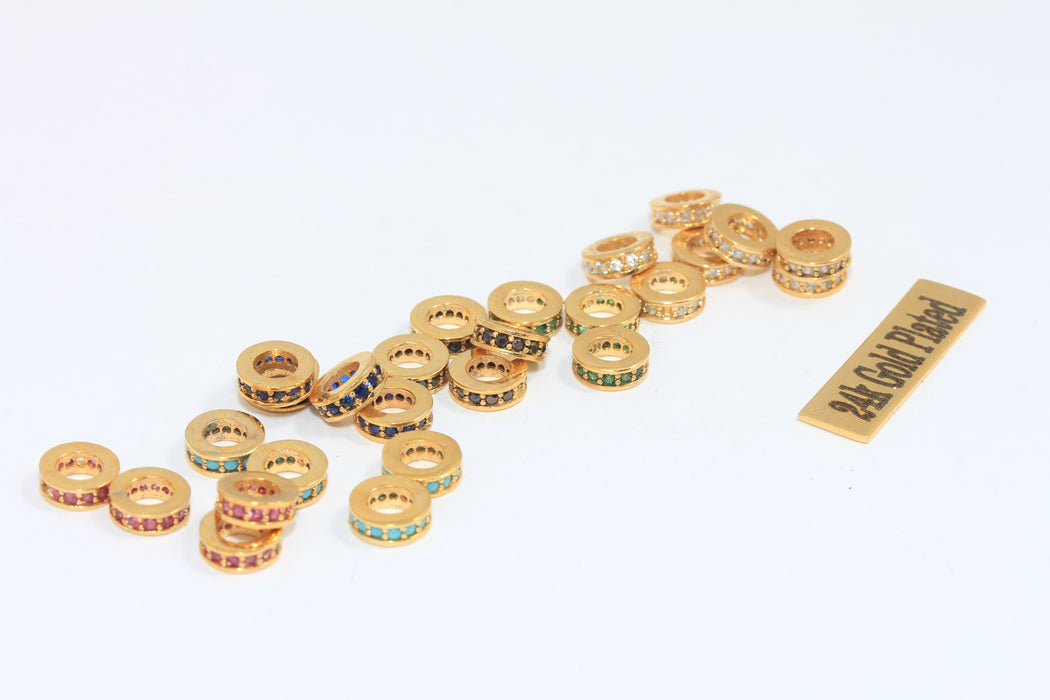 2,5x7mm 24 ayar Parlak Altın Boncuklar, CZ Mikro Döşeme Yuvarlak Tekerlek MLS935