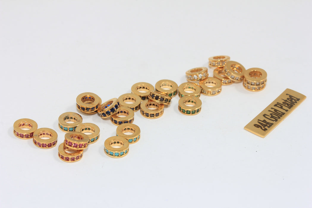 2,5x7mm 24 ayar Parlak Altın Boncuklar, CZ Mikro Döşeme Yuvarlak Tekerlek MLS935