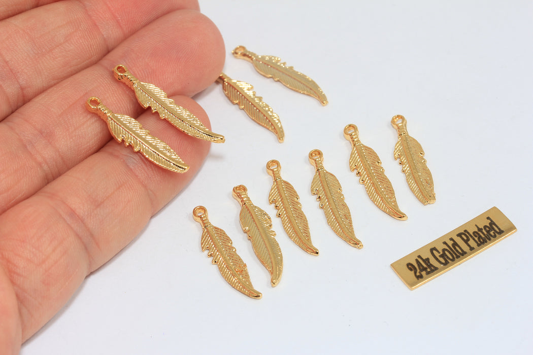 Ciondoli a foglia in oro lucido 24k da 6x26 mm, ciondolo a foglia, oro MLS307