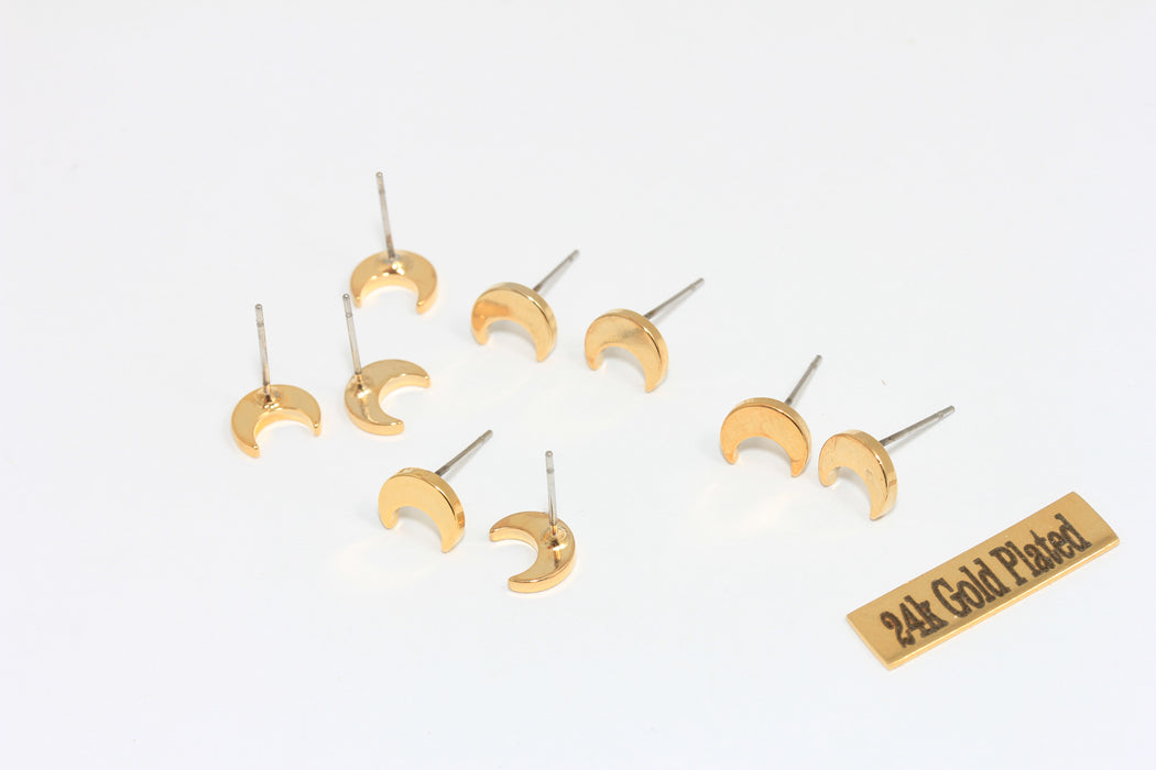 7x8mm 24k Shiny Gold Moon Earrings, Moon Stud Earrings, MLS573