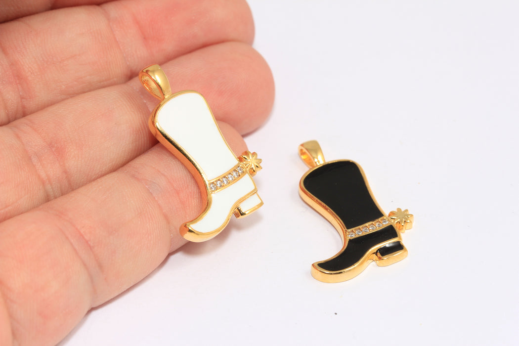 12x20mm 24k Shiny Gold CZ Boot Charms, Black Or White Enamel Cowboy Boots Pendant, Micro Pave Boot Charms, MTE693