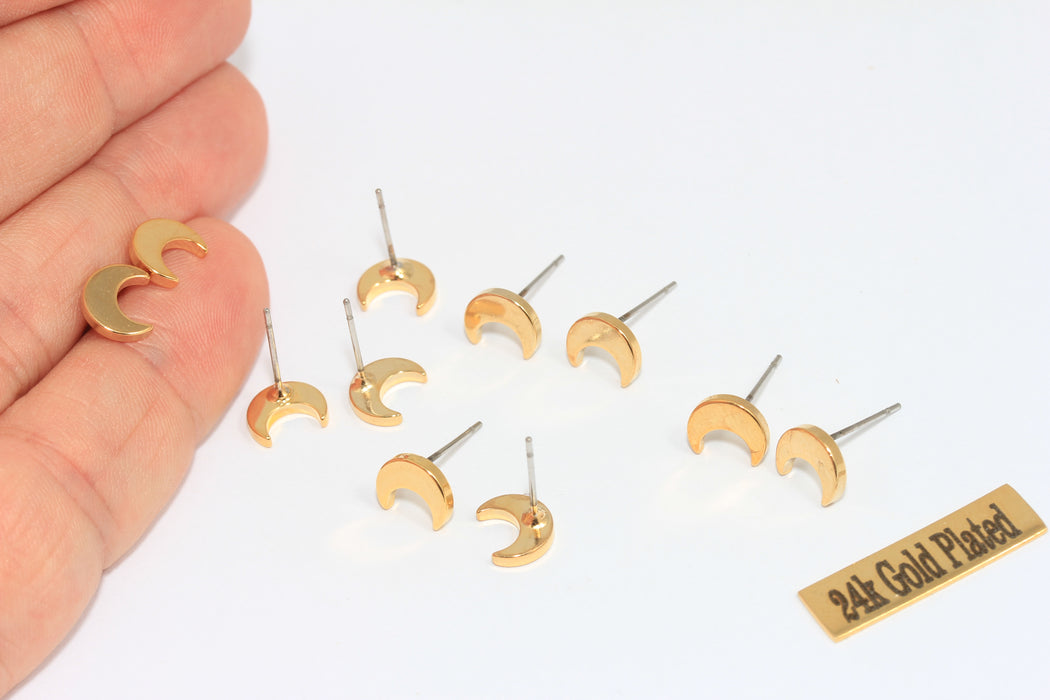 7x8mm 24k Shiny Gold Moon Earrings, Moon Stud Earrings, MLS573