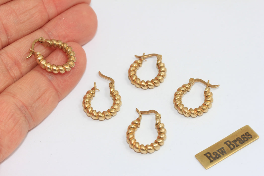 15,5mm Raw Brass Hoop Earrings, Small Braided Hoops, KDR10