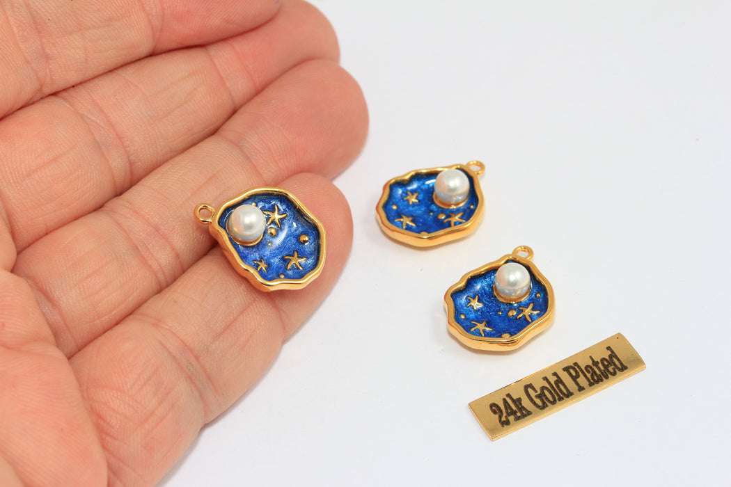 15x17mm 24 Ayar Parlak Altın Deniz Kabuğu Tılsımı, Beyaz Emaye Deniz Kabuğu Tılsımı, Kabuk İçinde İnci Kolye, XP393-2