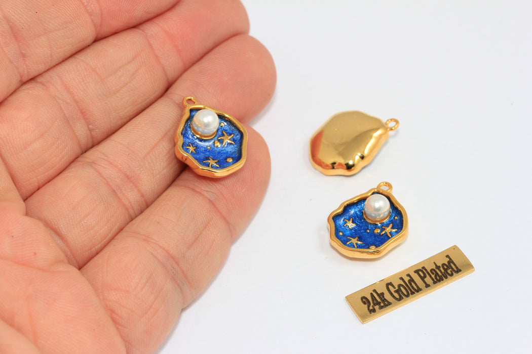 15x17mm 24 Ayar Parlak Altın Deniz Kabuğu Tılsımı, Beyaz Emaye Deniz Kabuğu Tılsımı, Kabuk İçinde İnci Kolye, XP393-2