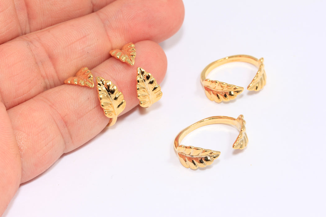 17-18mm 24k Shiny Gold Flower Rings, Wrapping Leaf Ring, Open Laurel Ring, Leaves Ring, MTE999