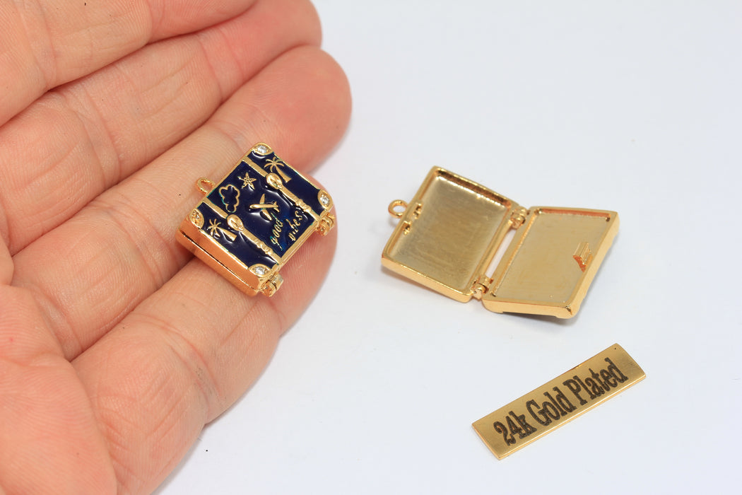 24 Ayar Parlak Altın CZ Seyahat Çantası Takıları, Emaye Seyahat Çantası Boncukları, CZ Bavul Takıları, Gezgin Sevgili Kolyesi, ROSE513