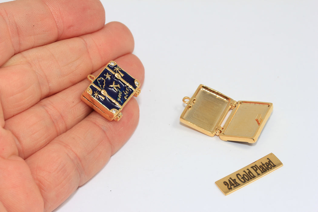 24 Ayar Parlak Altın CZ Seyahat Çantası Takıları, Emaye Seyahat Çantası Boncukları, CZ Bavul Takıları, Gezgin Sevgili Kolyesi, ROSE513